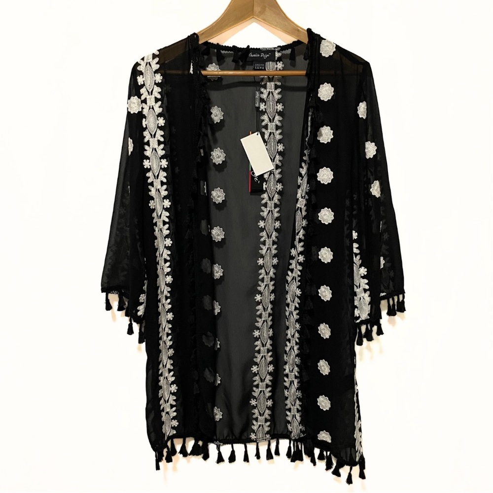 Charlie Paige Black Embroidered Fringe Boho Cardigan - Size Small/Medium
